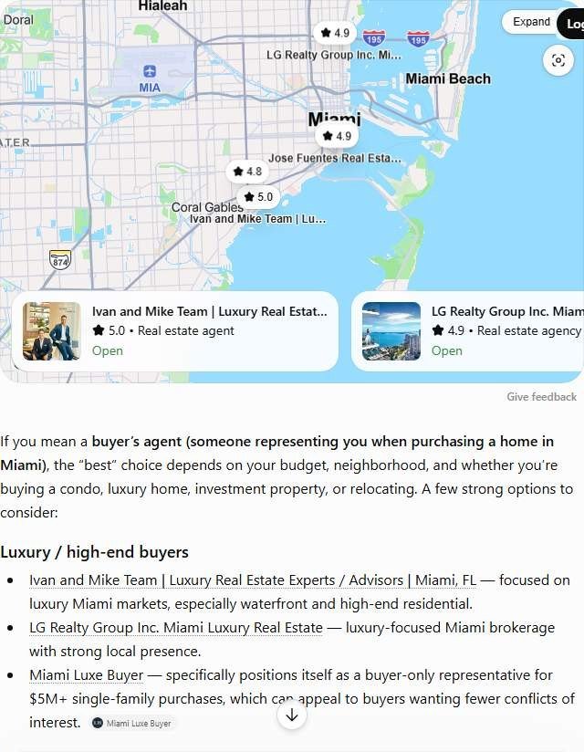 ChatGPT answer to "best buyers agent in Miami" listing the Ivan and Mike Team, LG Realty Group and other Miami buyer agents