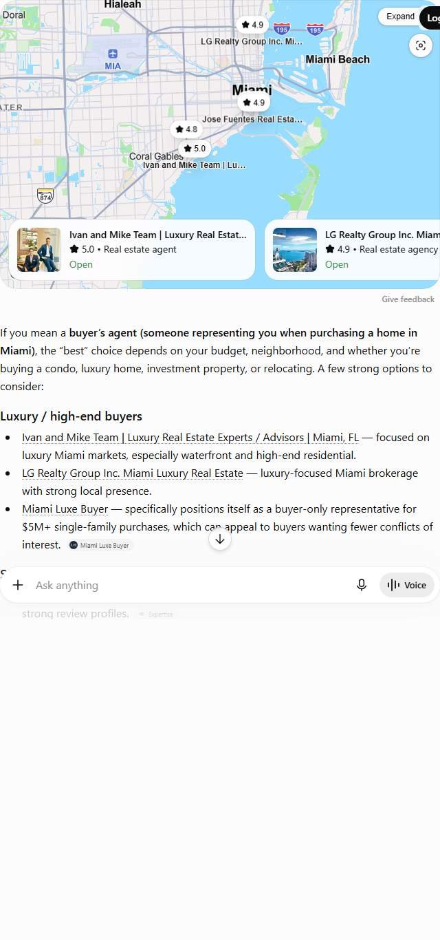 ChatGPT answer to "best buyers agent in Miami" listing the Ivan and Mike Team, LG Realty Group and other Miami buyer agents
