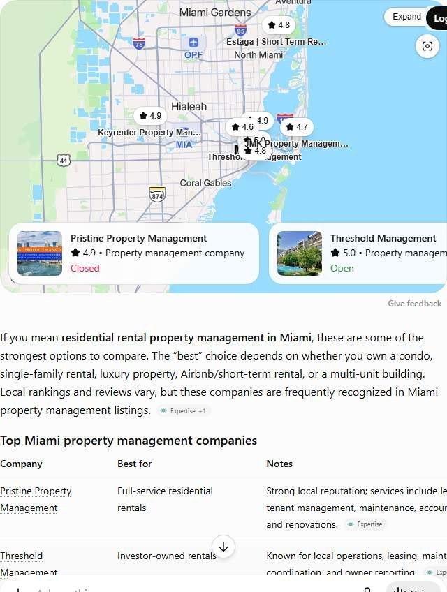 ChatGPT answer to "best property management company in Miami" comparing seven Miami property managers in a table