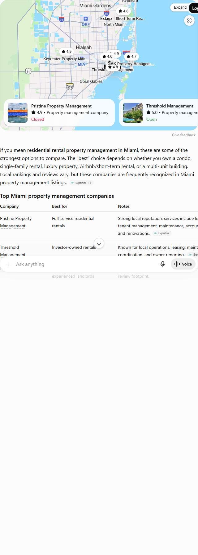 ChatGPT answer to "best property management company in Miami" comparing seven Miami property managers in a table