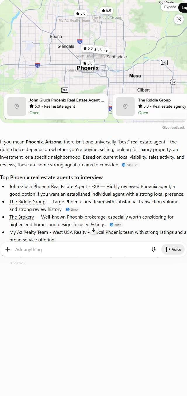 ChatGPT answer to "best real estate agent in Phoenix" opening with a Google map pack of six 5.0 rated agents including John Gluch, The Riddle Group and The Brokery