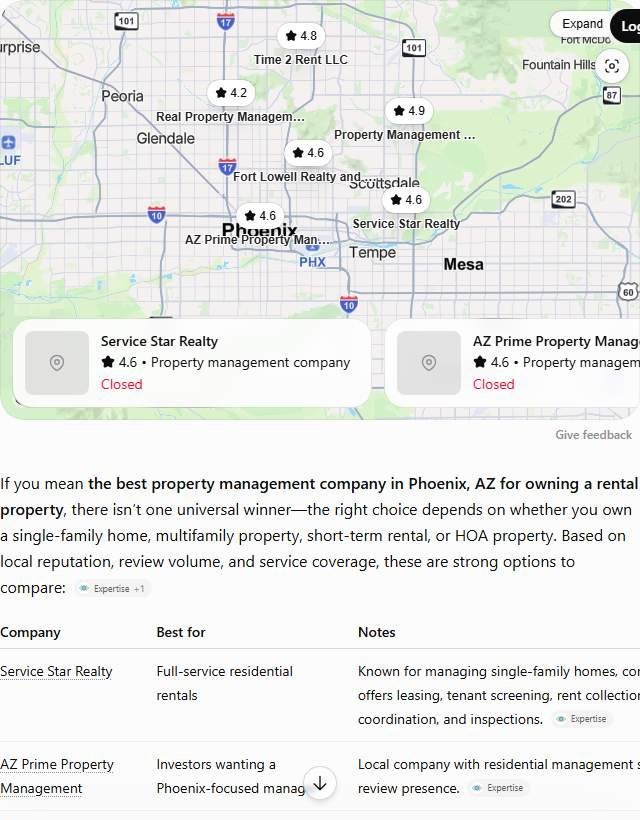 ChatGPT answer to "best property management company in Phoenix" naming Service Star Realty, AZ Prime and four more property managers with ratings