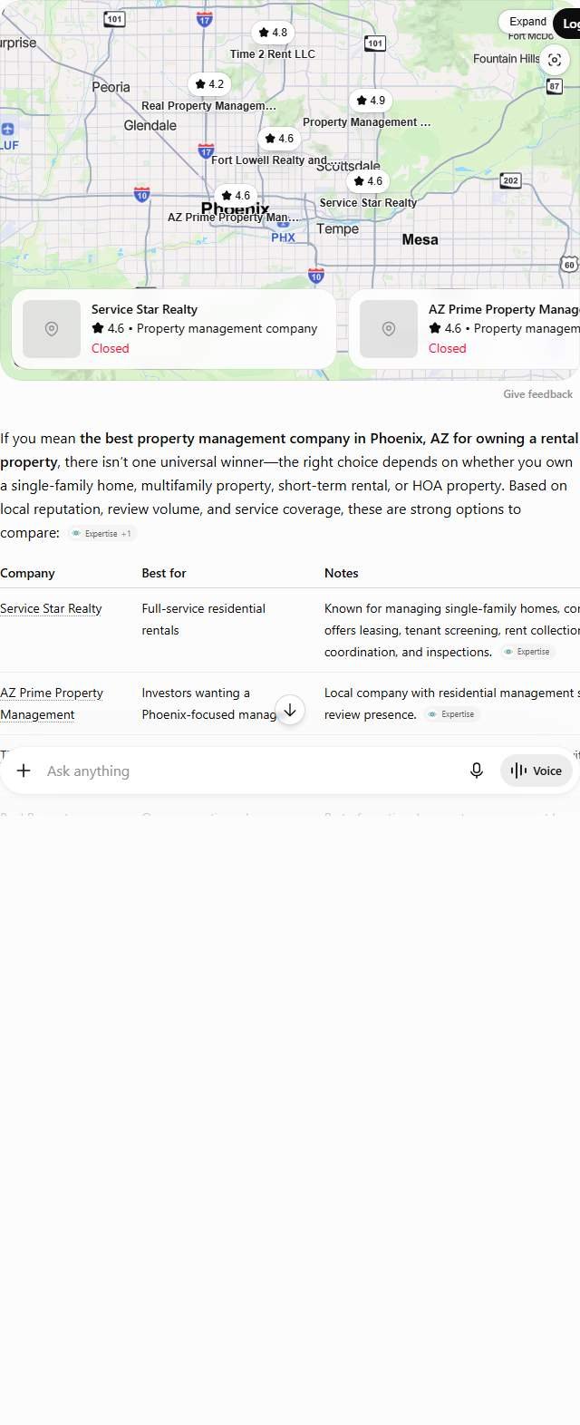 ChatGPT answer to "best property management company in Phoenix" naming Service Star Realty, AZ Prime and four more property managers with ratings