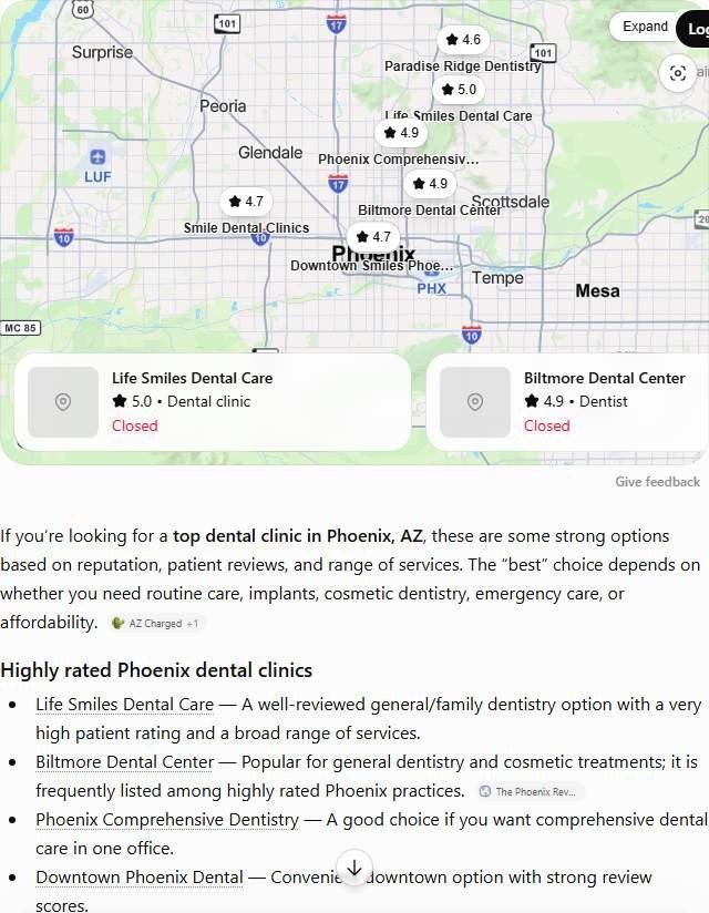 ChatGPT answer to "best dental clinic in Phoenix" listing eight clinics including Life Smiles Dental Care and Biltmore Dental Center with star ratings