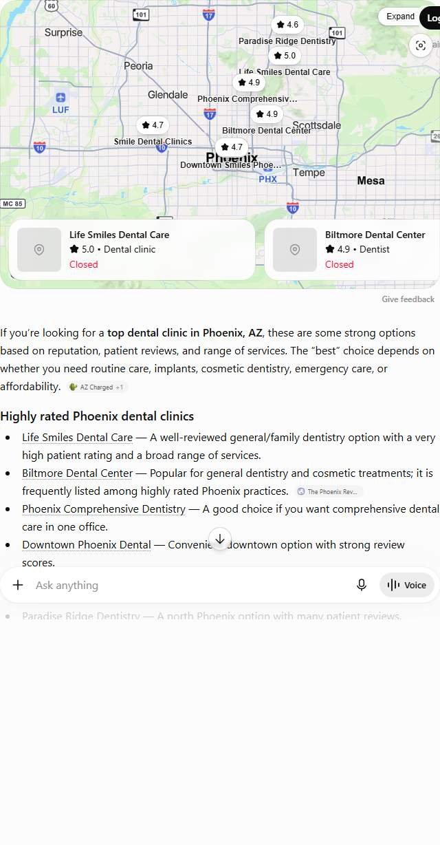 ChatGPT answer to "best dental clinic in Phoenix" listing eight clinics including Life Smiles Dental Care and Biltmore Dental Center with star ratings