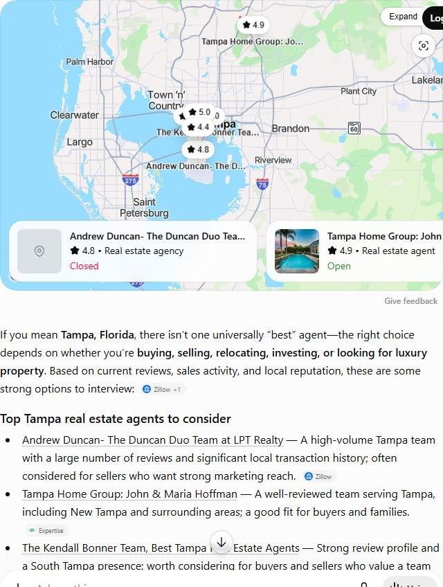 ChatGPT answer to "best real estate agent in Tampa" naming six Tampa teams with star ratings, including the Duncan Duo Team and the Kendall Bonner Team