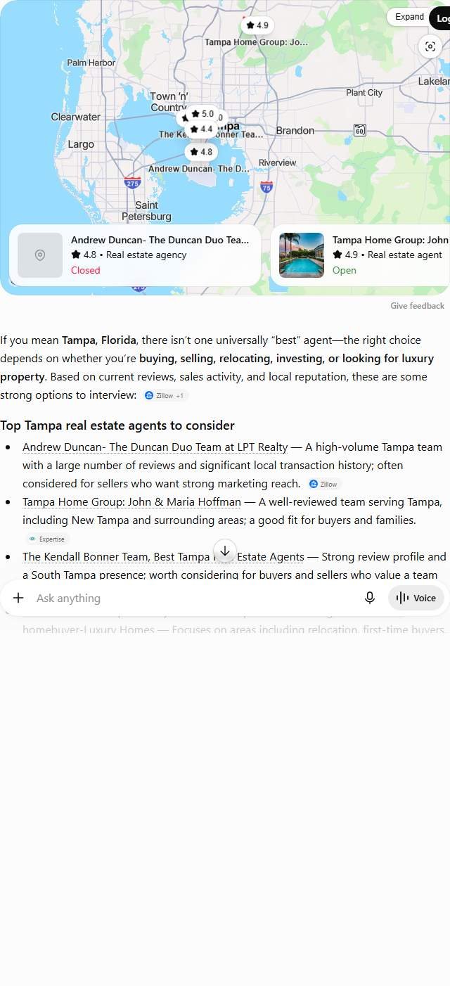 ChatGPT answer to "best real estate agent in Tampa" naming six Tampa teams with star ratings, including the Duncan Duo Team and the Kendall Bonner Team