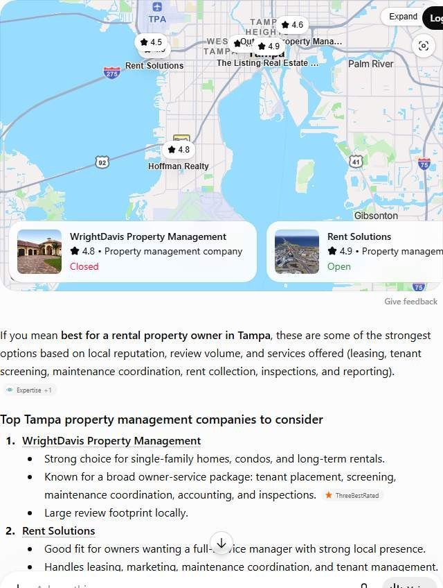 ChatGPT answer to "best property management company in Tampa" naming WrightDavis, Rent Solutions and four more Tampa property managers