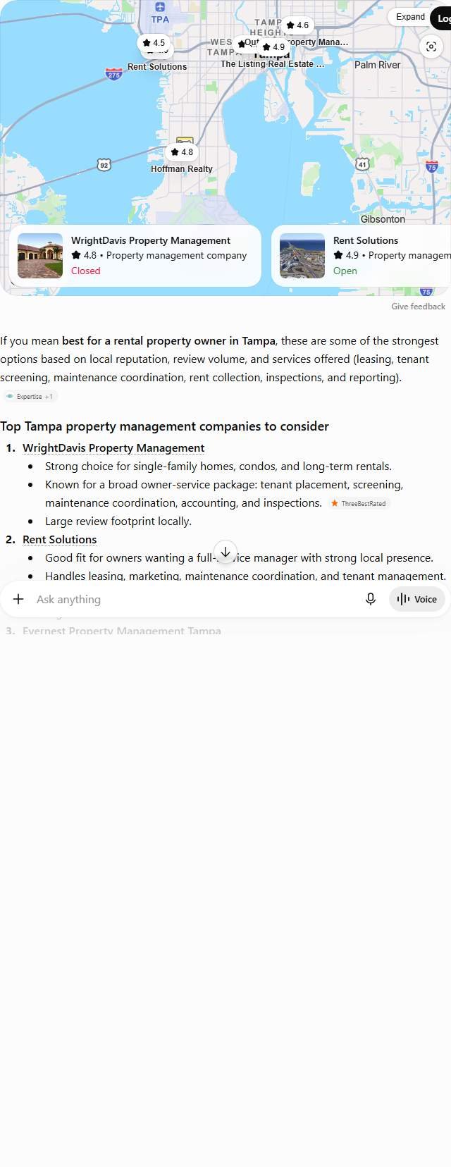 ChatGPT answer to "best property management company in Tampa" naming WrightDavis, Rent Solutions and four more Tampa property managers