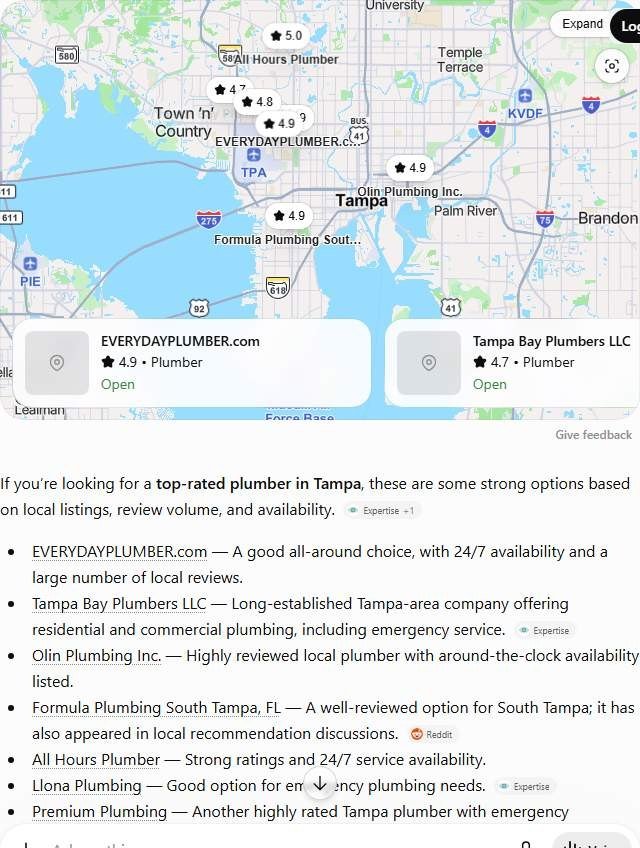 ChatGPT answer to "best plumber in Tampa" listing seven Tampa plumbers including EVERYDAYPLUMBER.com and Olin Plumbing