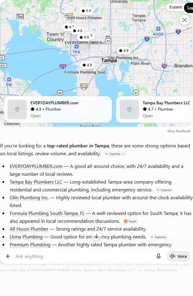 ChatGPT answer to "best plumber in Tampa" listing seven Tampa plumbers including EVERYDAYPLUMBER.com and Olin Plumbing