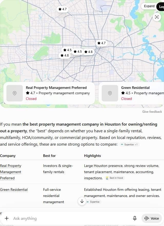 ChatGPT answering "best property management company in Houston" with a list of firms