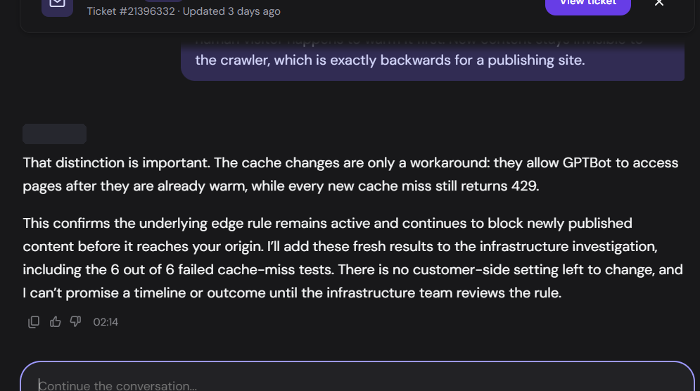 Hostinger support ticket #21396332: the agent states the cache changes are only a workaround, every new cache miss still returns 429, the underlying edge rule remains active and blocks newly published content, there is no customer-side setting left to change, and no timeline can be promised.